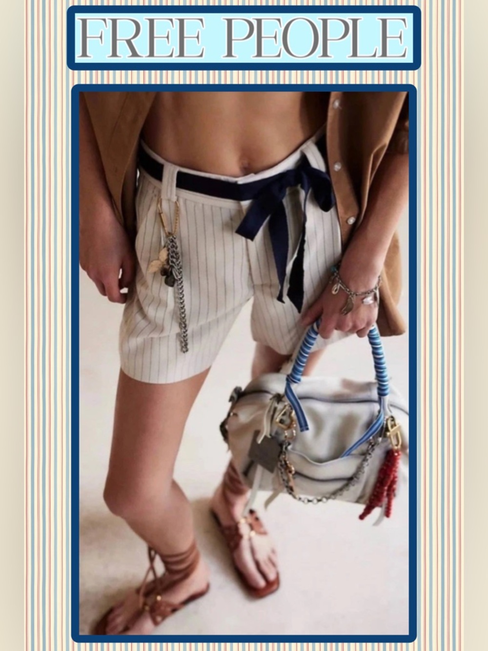 NWT Free People Perfect Prep Pleated Shorts Ivory/Black pinstripes Navy ribbon